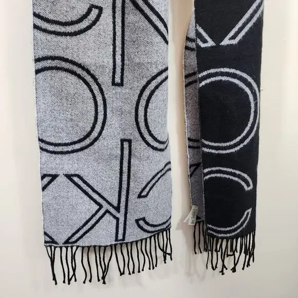 Calvin Klein gray & black CK logo reversable long scarf with fringe detail - Picture 7 of 8